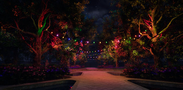 Night scene showing off Lumen with strings of coloured light sources